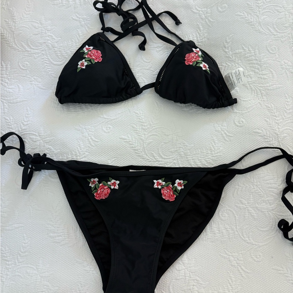 Black Bikini with Floral Embroidery